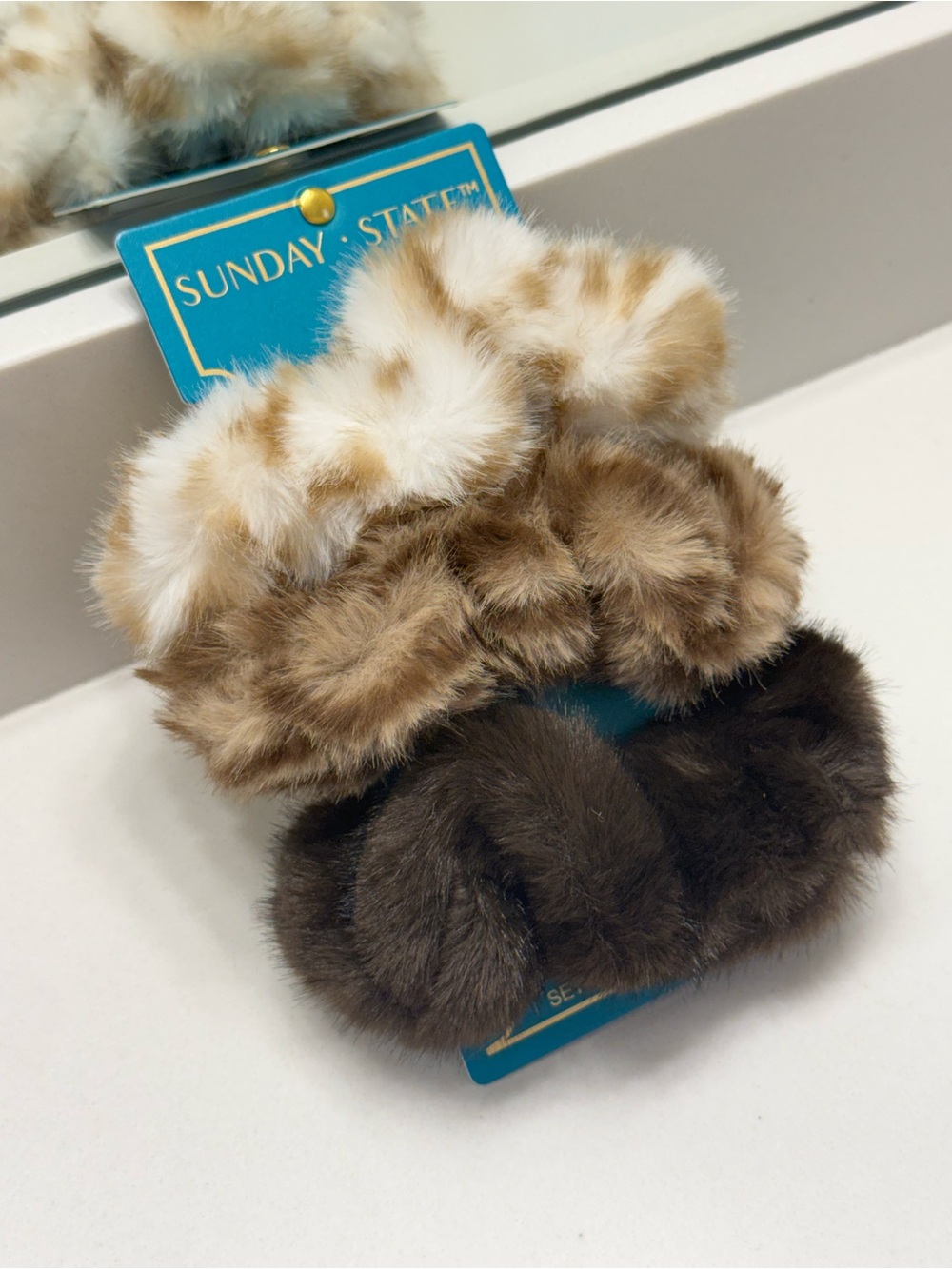 Sunday State Faux Fur Scrunchies Set - Brown, Cream & Dark Brown NWT